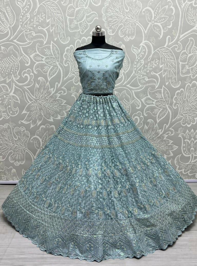 Aqua Heavy Net Embroidered Wedding Lehenga Choli with Sequins
