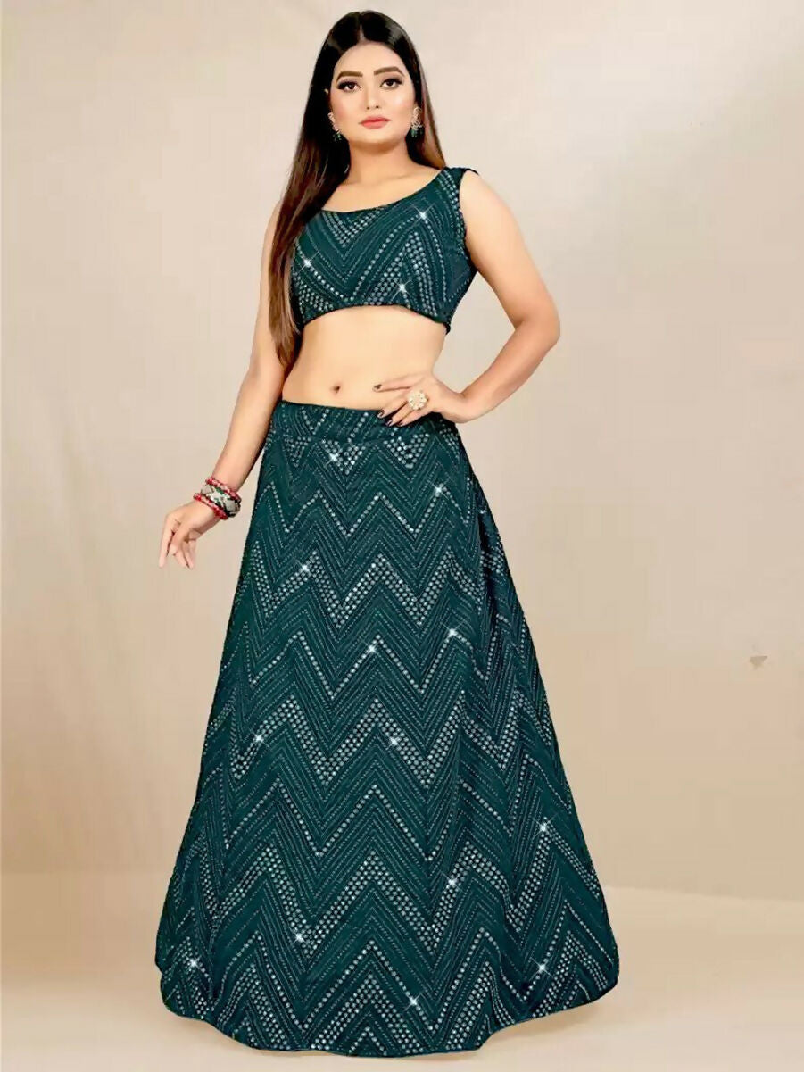 Bottle Green Georgette Lehenga Choli with Sequins and Embroidery