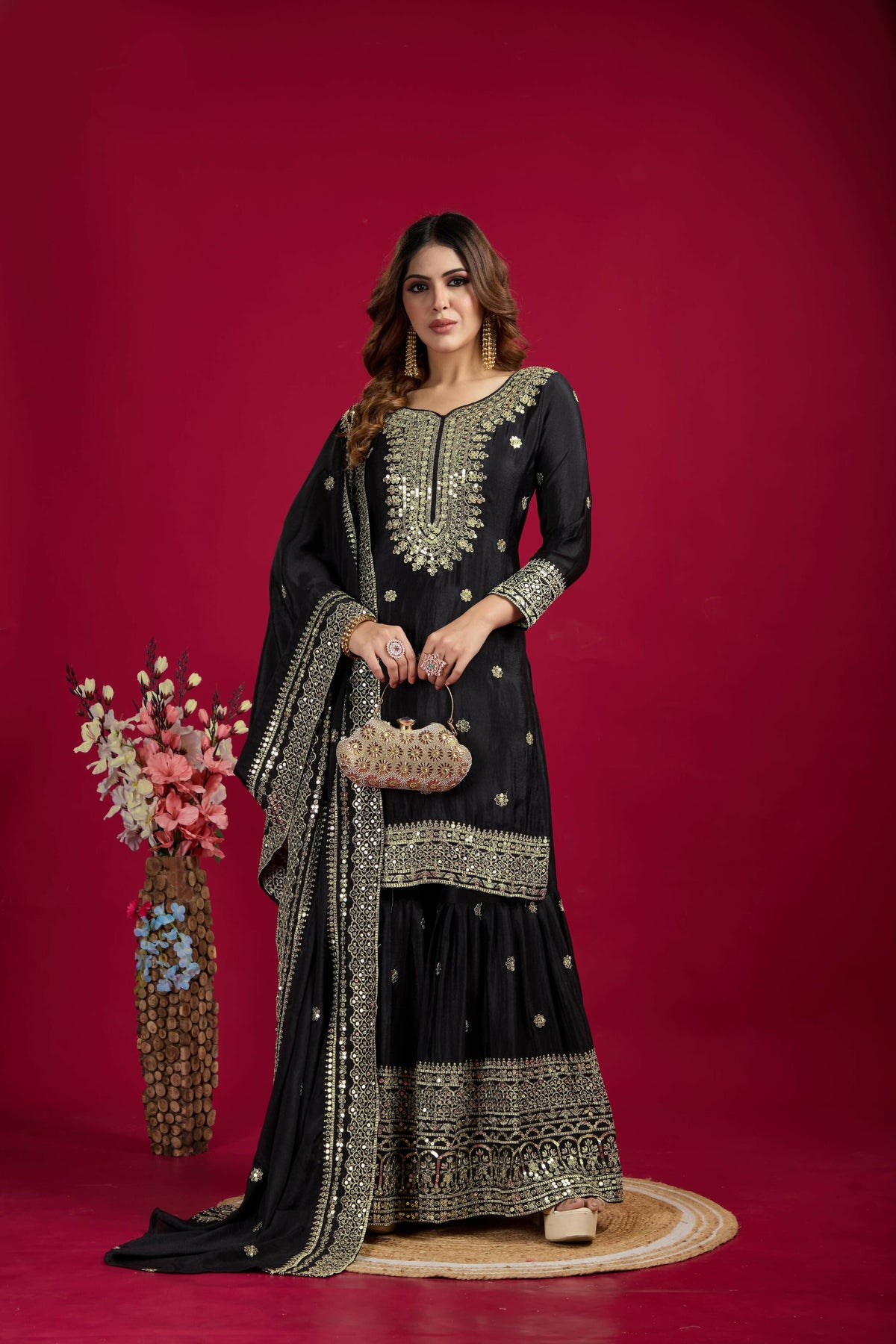 Black Silk Kurta Set with Elaborate Sequins and Zari Embroidery