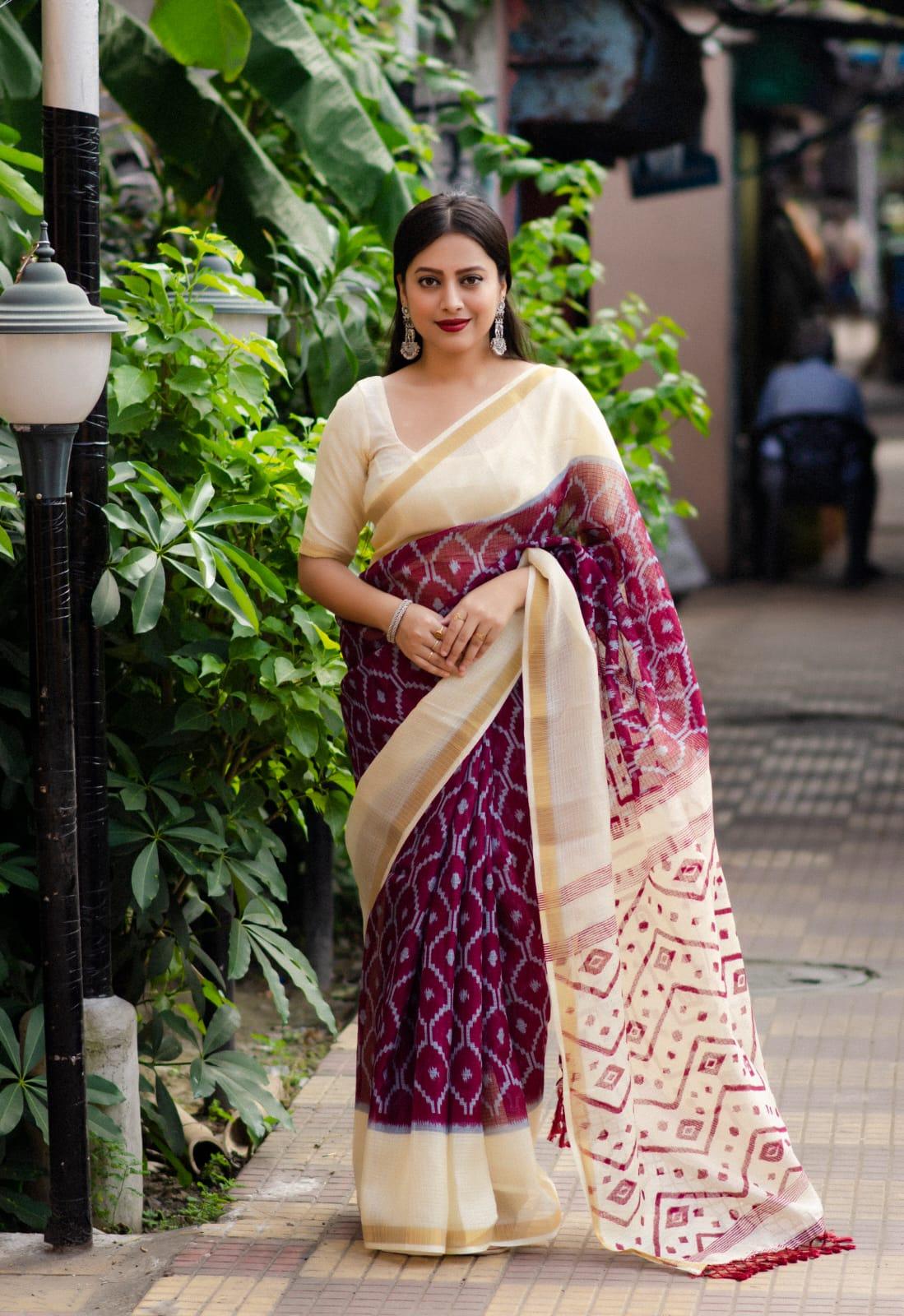 Maroon Polycotton Ethnic Motifs Saree with Unstitched Blouse - Hiral Fashion