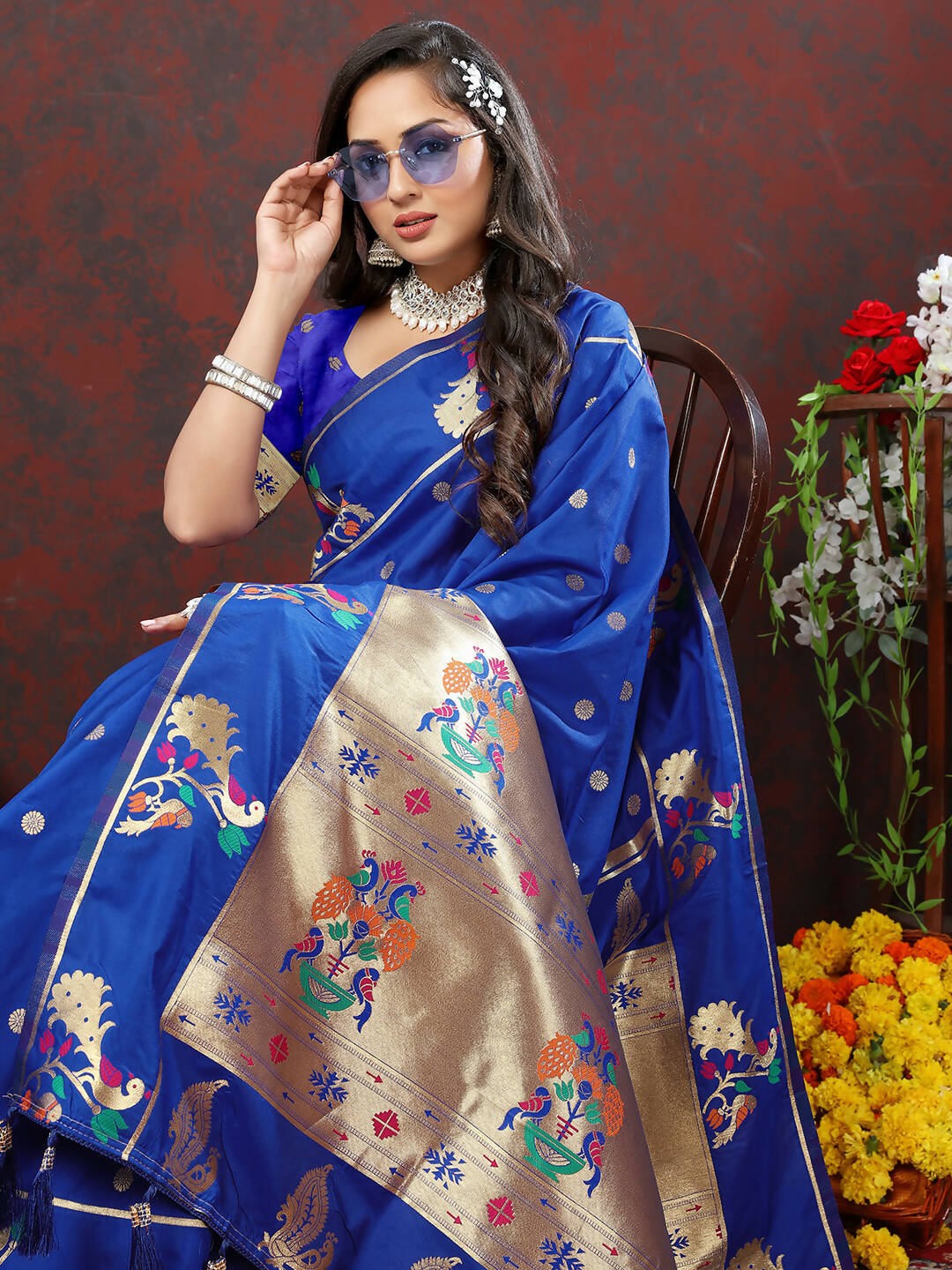 Blue Soft Paithani Silk Saree with Gold Zari Meenakari Weaving