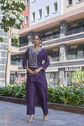 Close up of a purple printed Dola silk kurta set featuring artisanal handwork and a modern cut.
