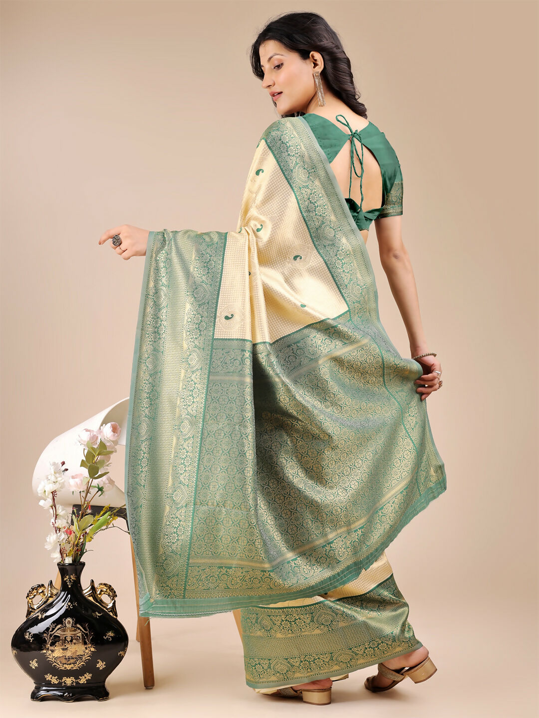 Aura Silk Cream and Green Banarasi Silk Saree