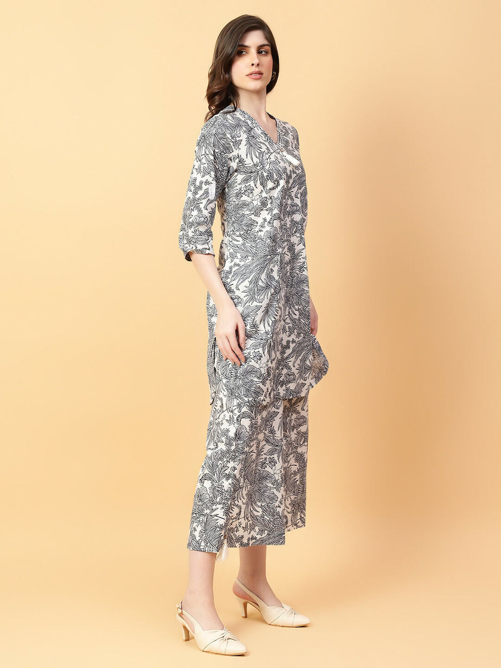 Grey Cotton Printed Co-ord Set with Hand Work Detail