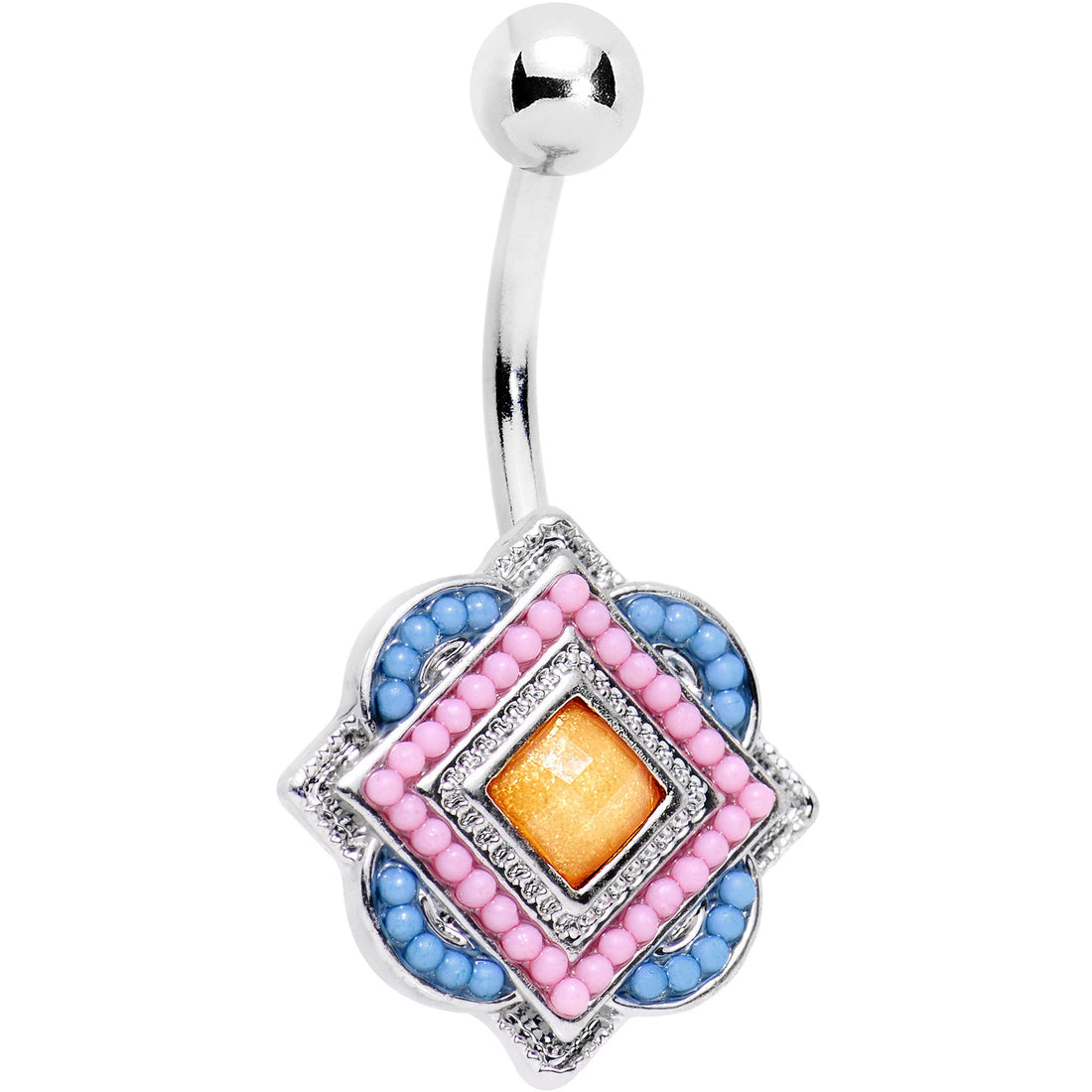 Decorative 14 gauge belly ring featuring a yellow center stone surrounded by pink and baby blue beads on a surgical steel curved barbell