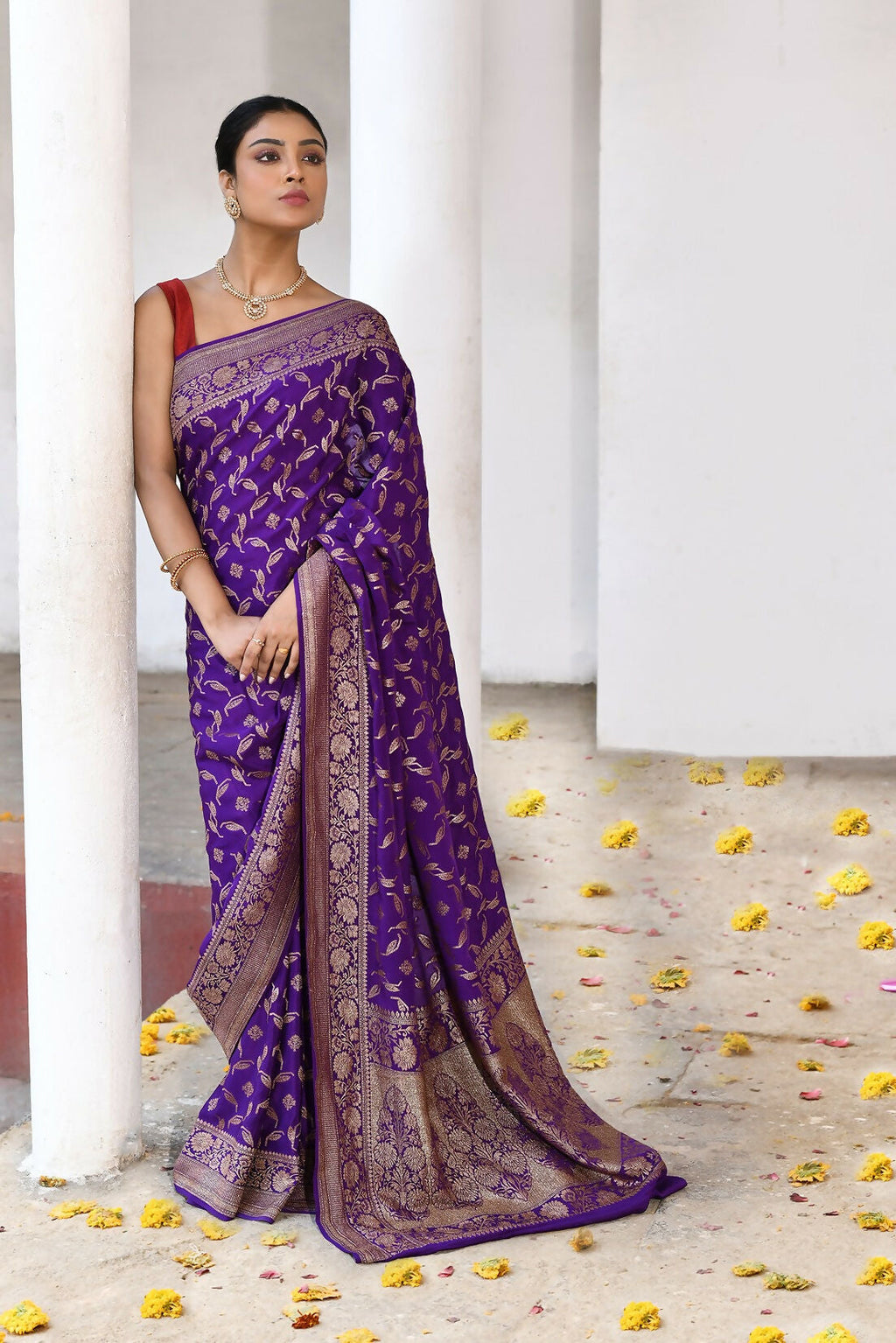 Purple Crepe Chiffon Pure Handloom Banarasi Silk Saree