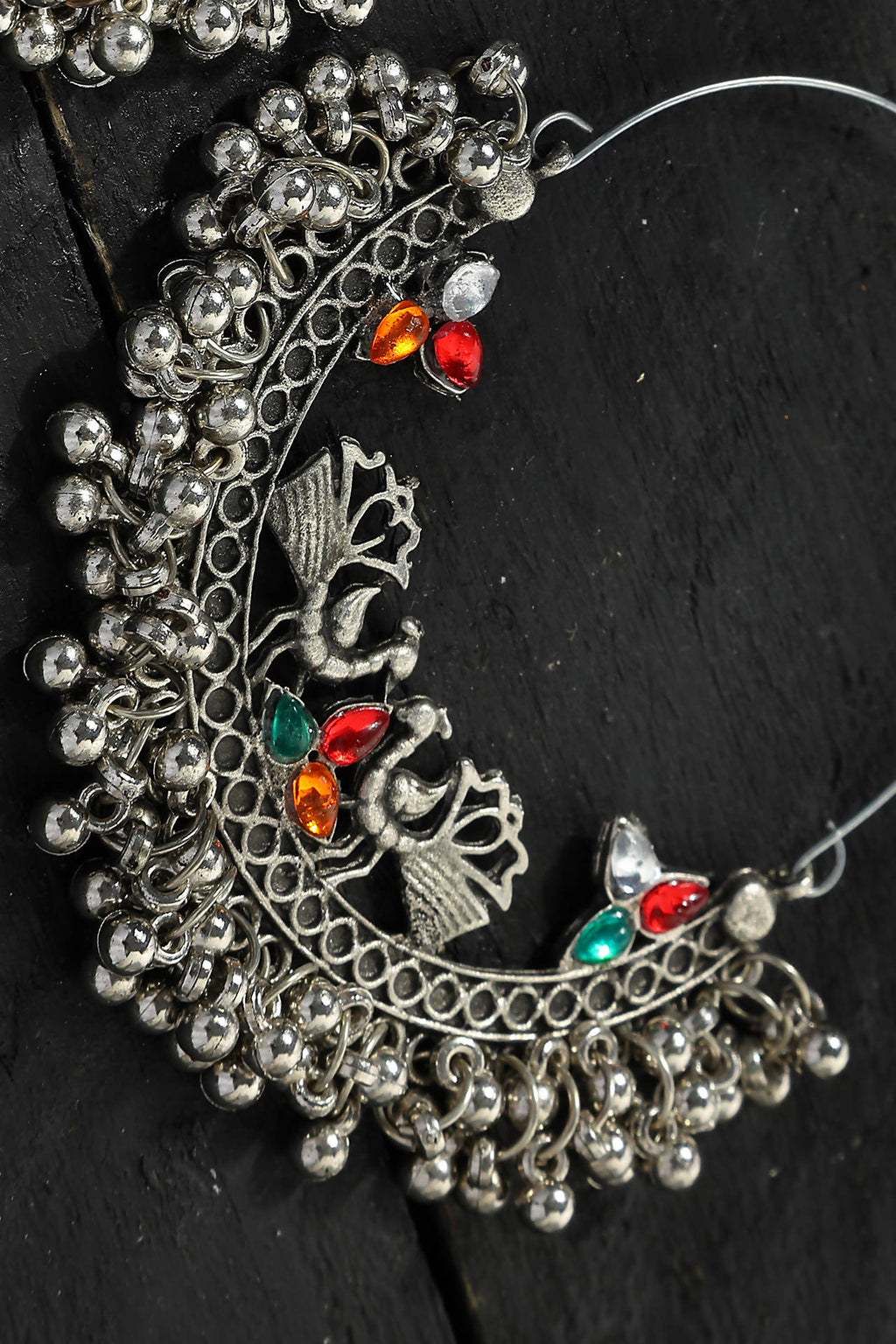 Peacock Design Chandbali Earrings in Silver and Multicolor