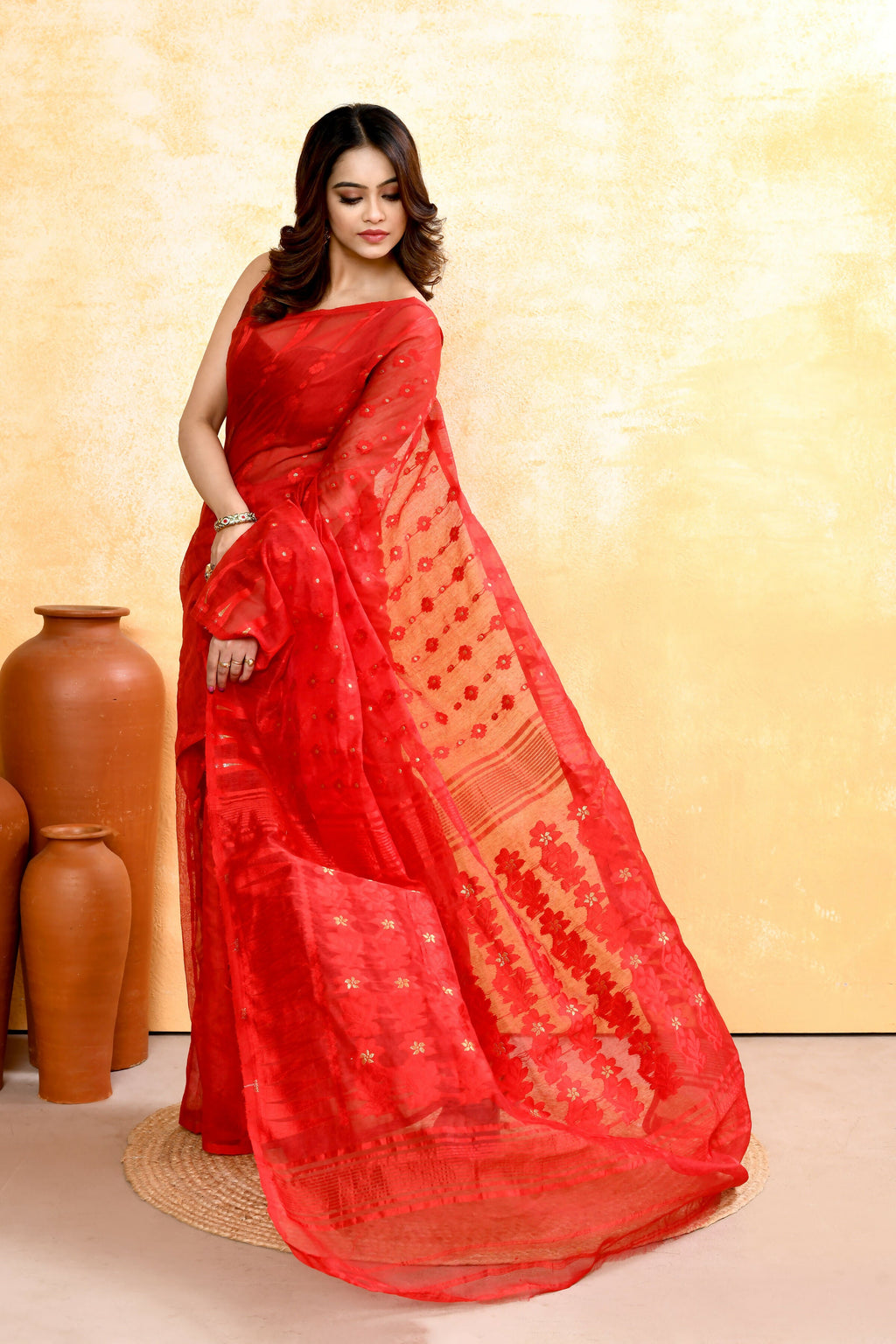 Red Embellished Jamdani Saree in Cotton Blend
