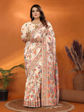Cream Meena Weaves silk blend saree with intricate traditional patterns and unstitched blouse