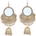 Gold-tone half-moon shaped jhumka earrings with mirror work