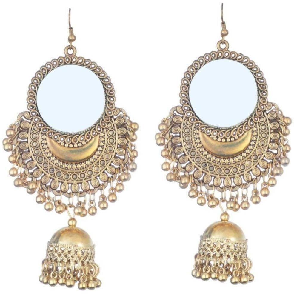 Gold-tone half-moon shaped jhumka earrings with mirror work