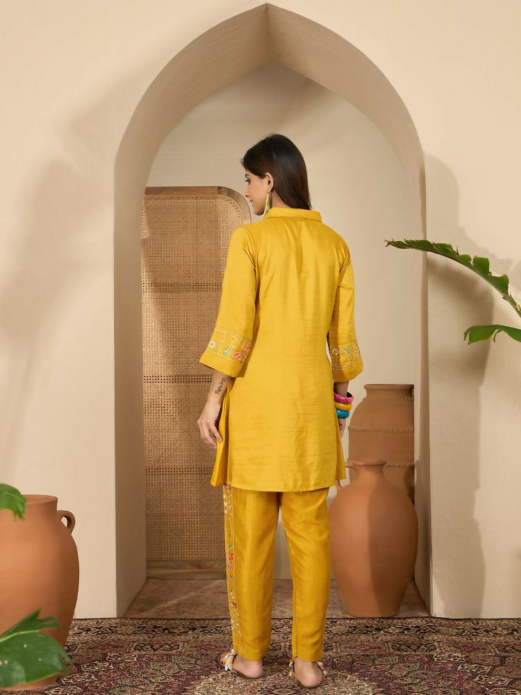 Mustard Roman Silk Embroidered Kurta Set with Shirt Collar