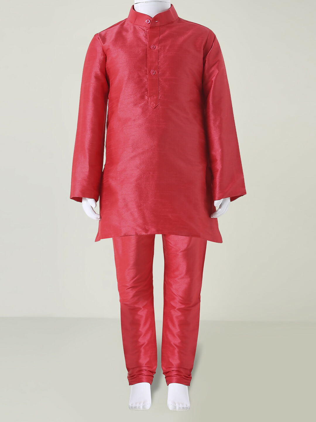 Kids Tomato Red Nehru Jacket Kurta Pajama Set with Sequin Work