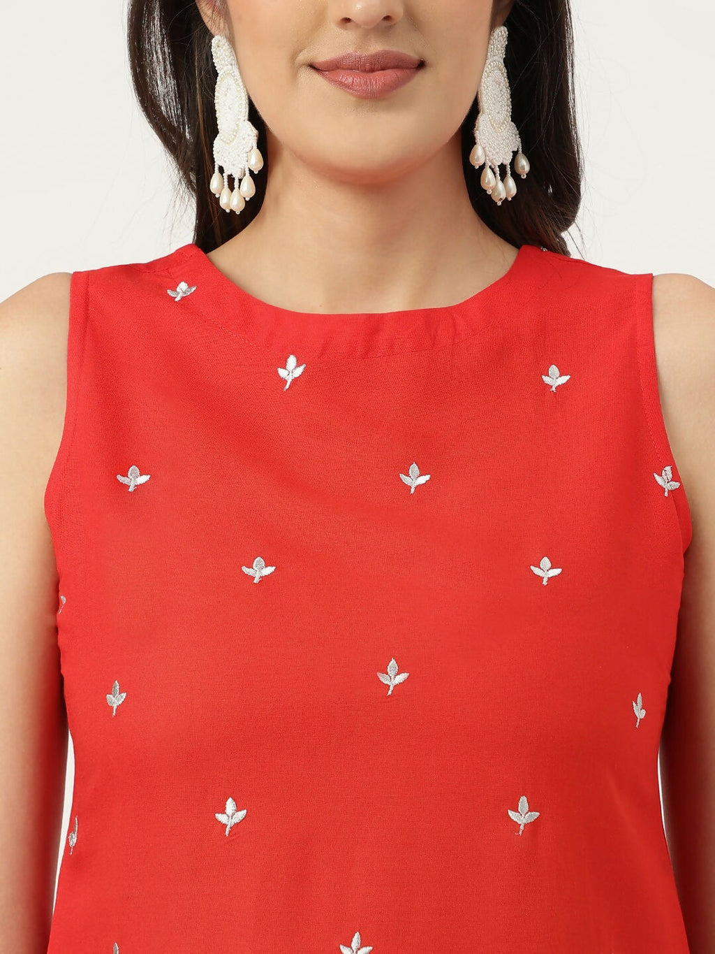 Red Rayon Embroidered Straight Kurta and Bottom Set