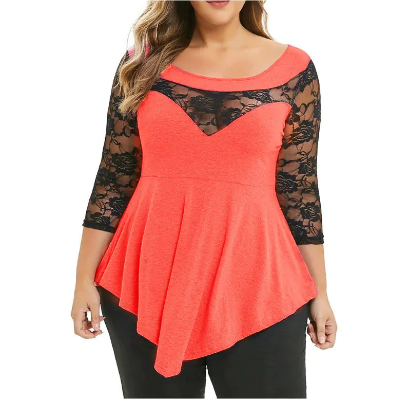 Spring Plus Size Floral Lace Top with Sheer Hem