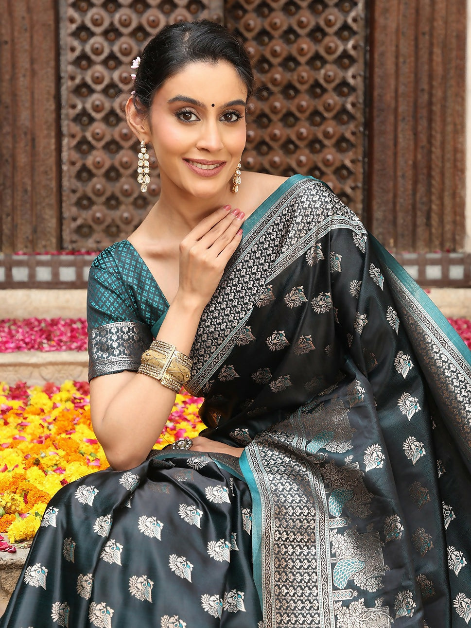 Teal Silk Saree with Matching Blouse Piece