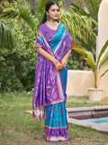 Rama Blue Pochampally Silk Saree with geometric patterns