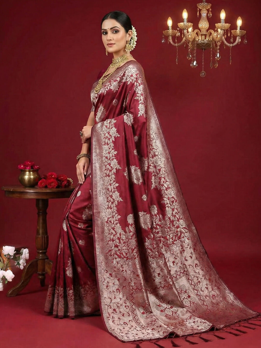 Maroon Silk Blend Saree with Matching Blouse Piece