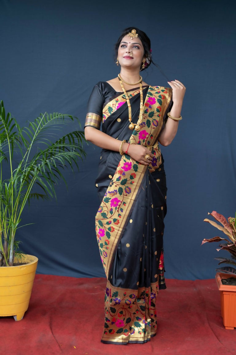 Black Paithani silk saree with intricate gold Zari woven details