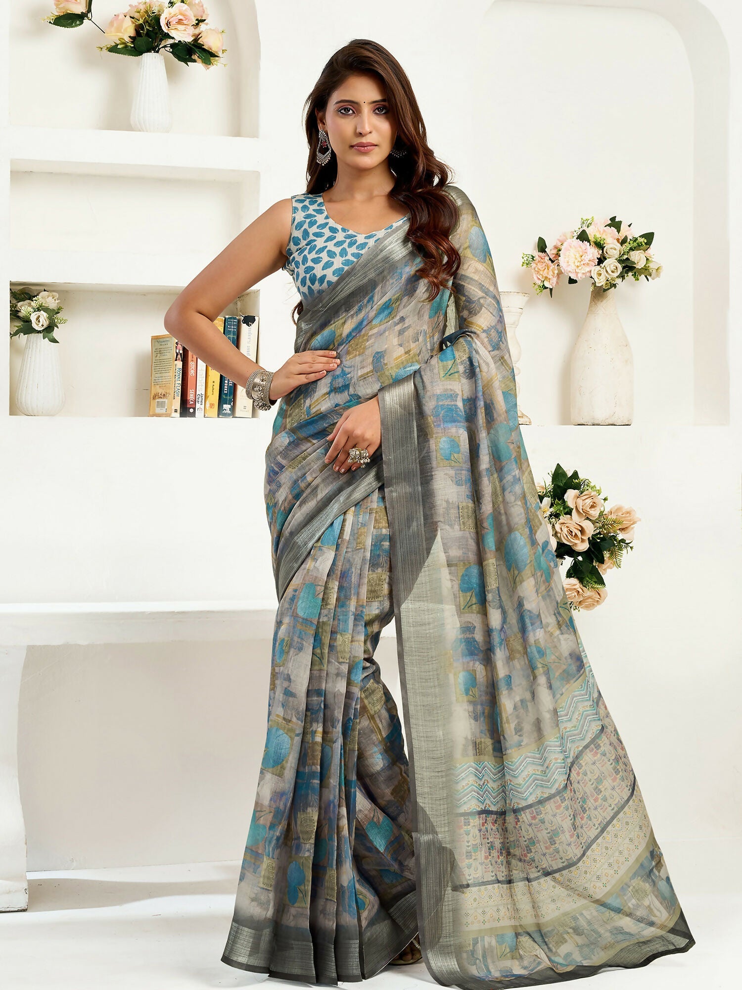 Dusty Brown Floral Ethnic Motif Linen Ready to Wear Saree