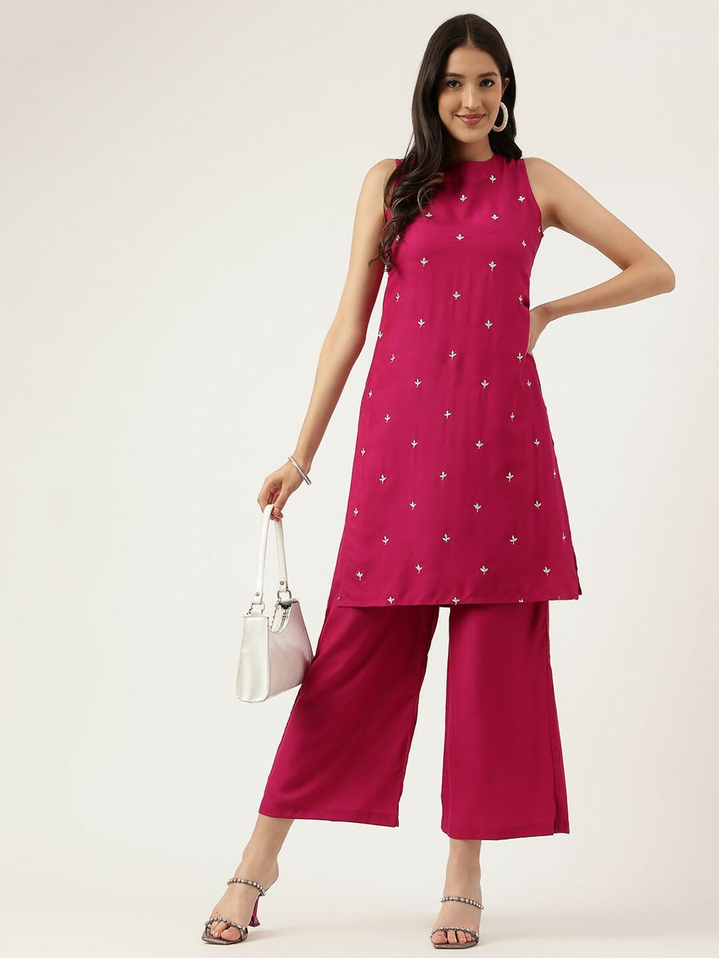 Pink Straight Kurta and Bottom Set with Intricate Embroidery