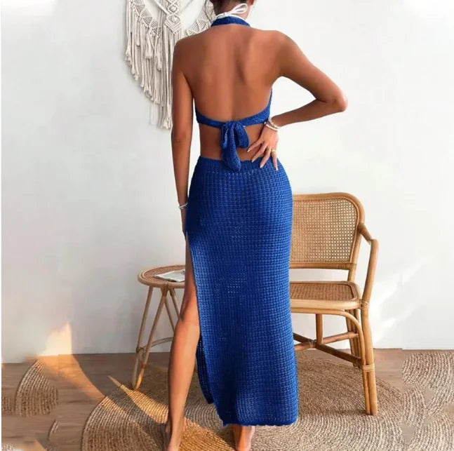 Women's Crochet Halter Maxi Beach Cover Up Dress with Side Slit - Image 15