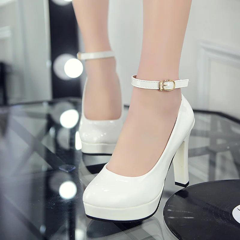 Women's Round Toe Buckle Platform High Heels in White and Red - Image 25