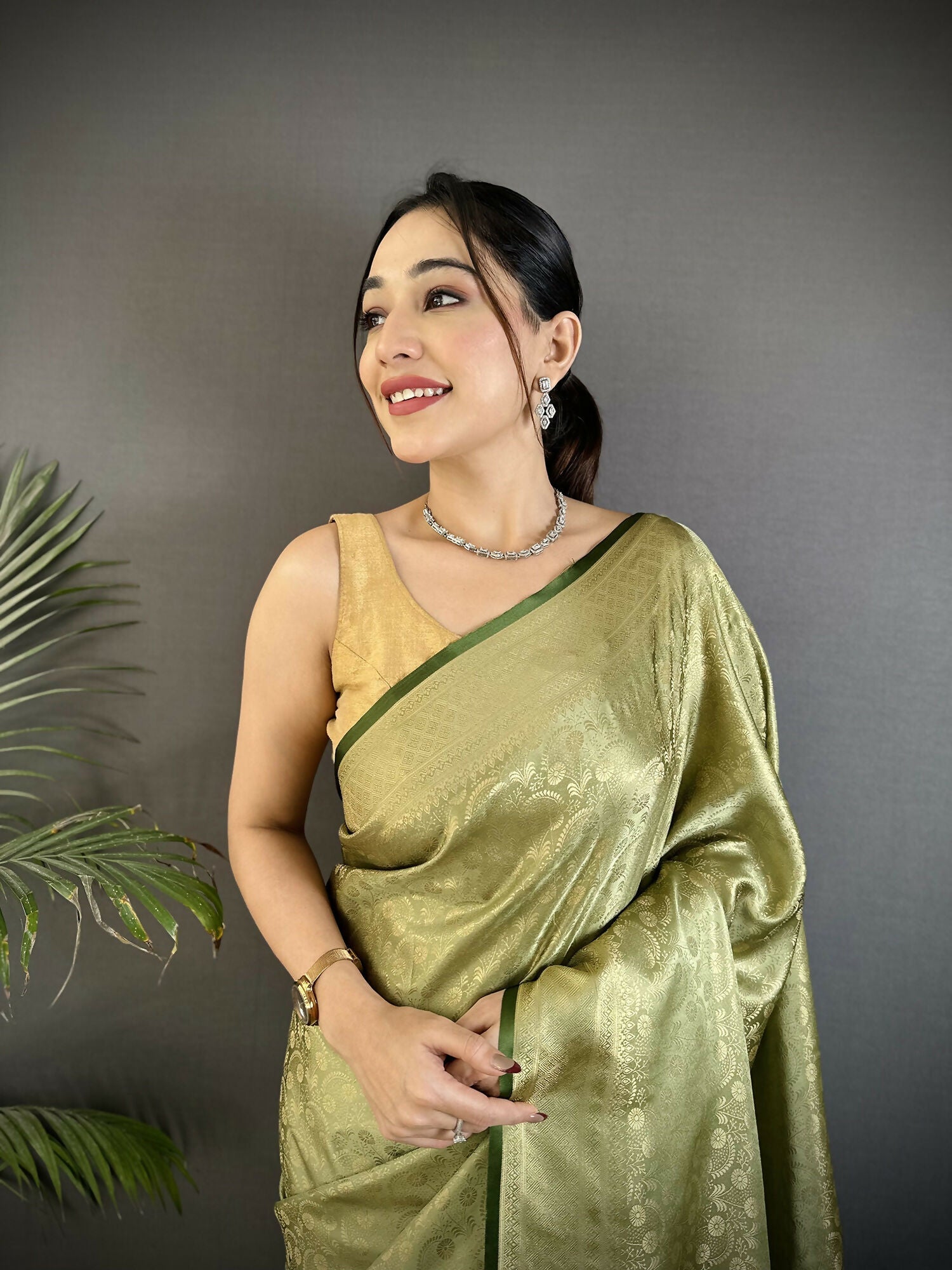 Olive Green Floral & Paisley Motif Soft Satin Silk Banarasi Saree