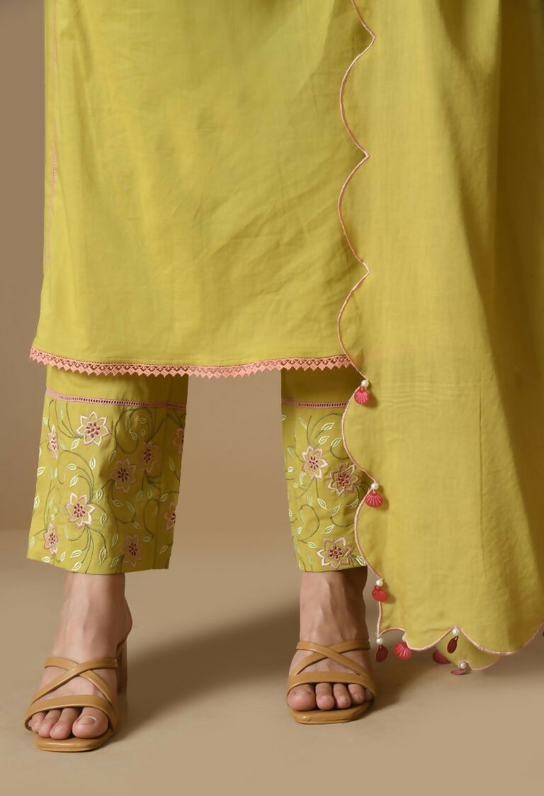 Mehendi Cotton Kurta Set with Organza Dupatta - 3-Piece Set