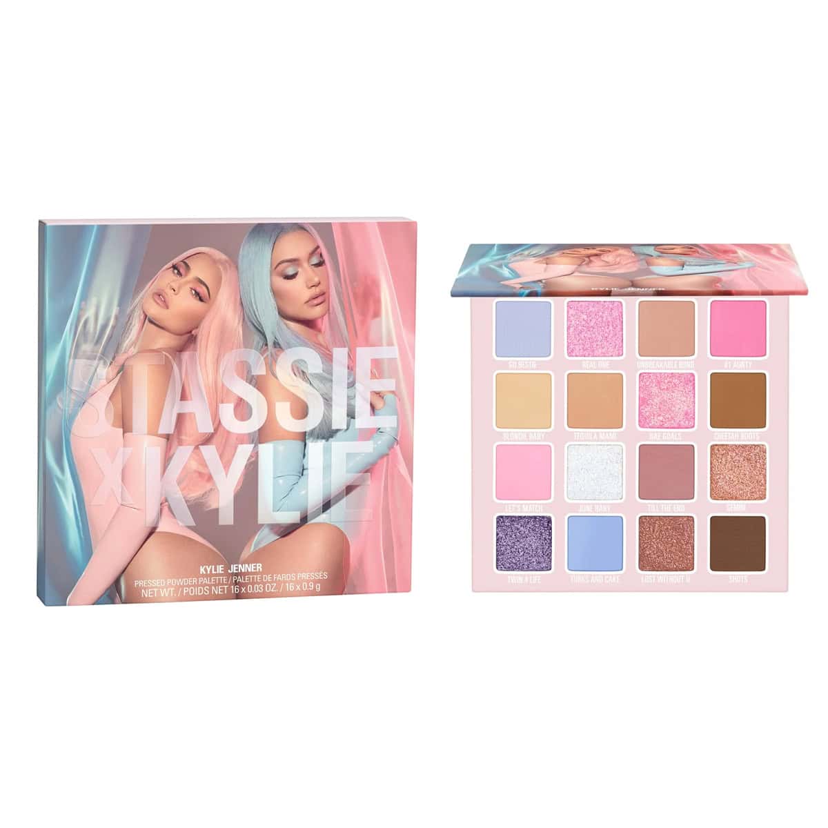 Kylie Cosmetics Stassie Collection 16-shade pressed powder palette featuring pink, blue, and brown tones.