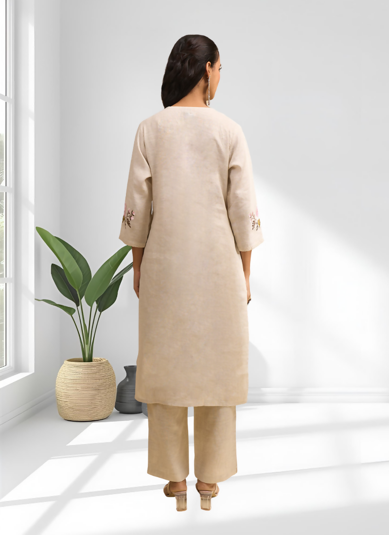 Beige Linen Embroidered Long Kurta With Pant - Festive Ethnic Wear