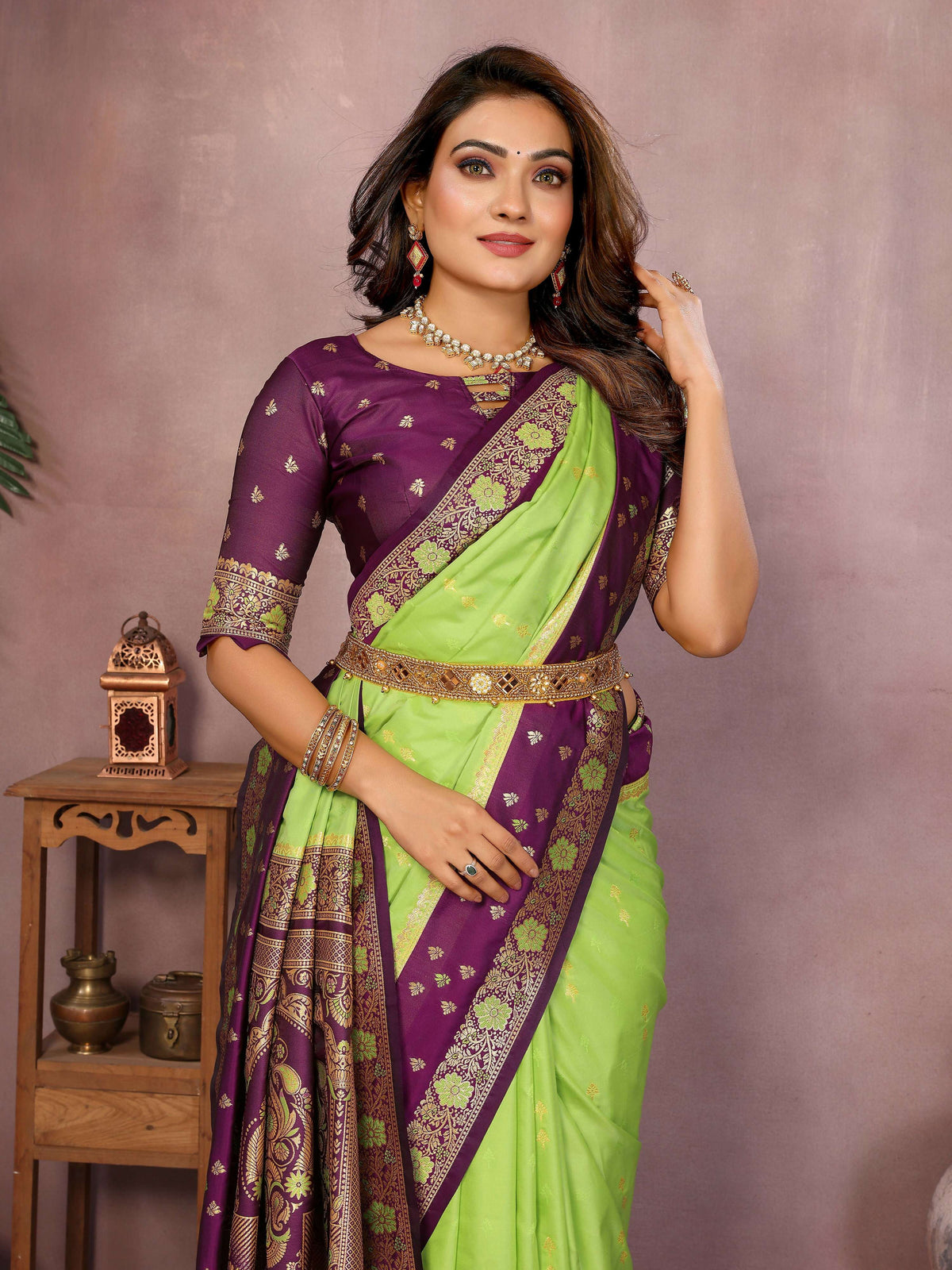 Parrot Green Kalamkari Silk Saree with Zari Woven Border