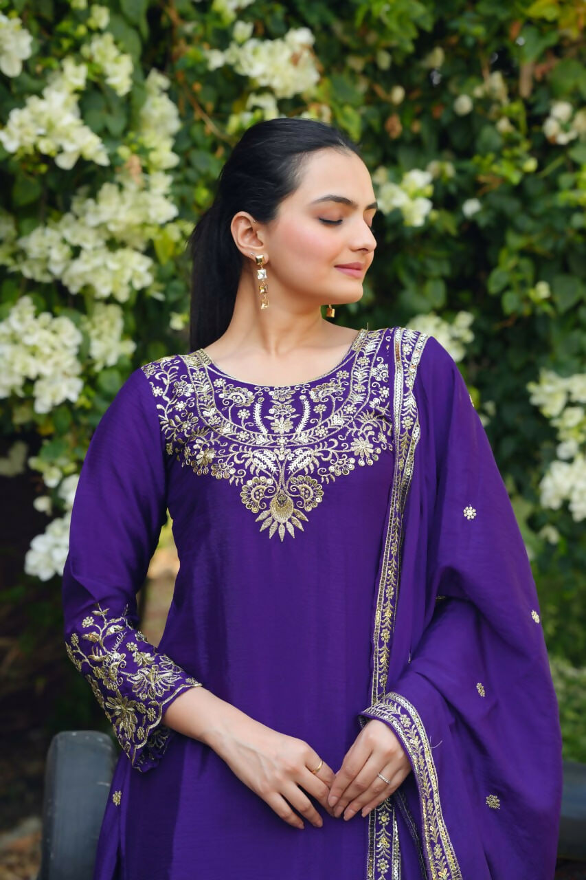 Purple Georgette Embroidered Sharara Set for Ethnic Events