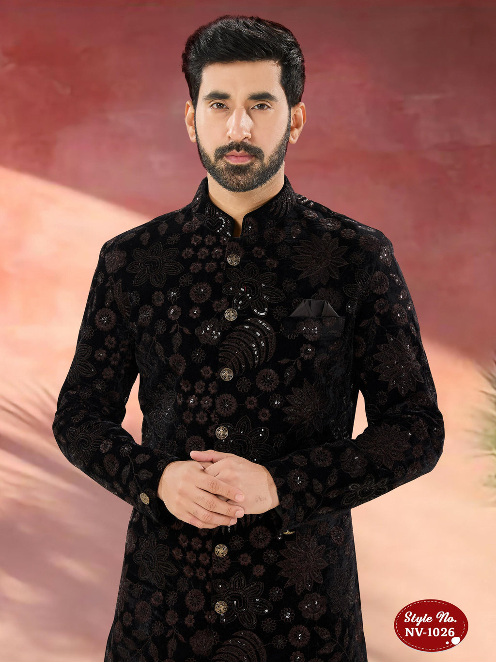 Men's Black and Brown Velvet Sequence Indo-Western Kurta Set