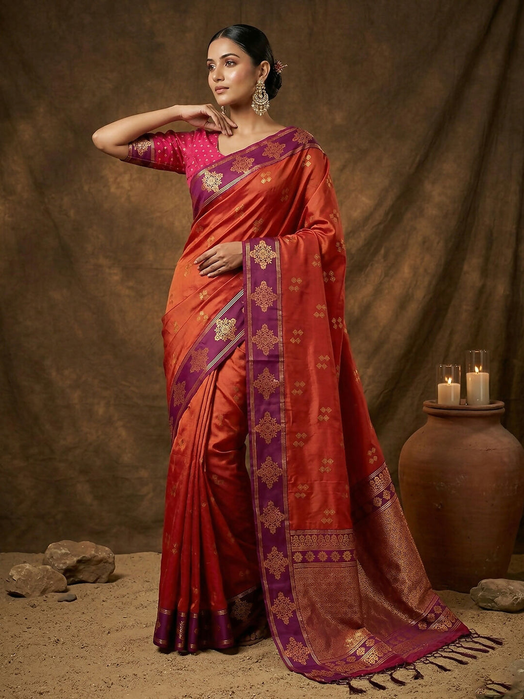 Vibrant orange soft silk saree with luxurious drape and matching blouse fabric