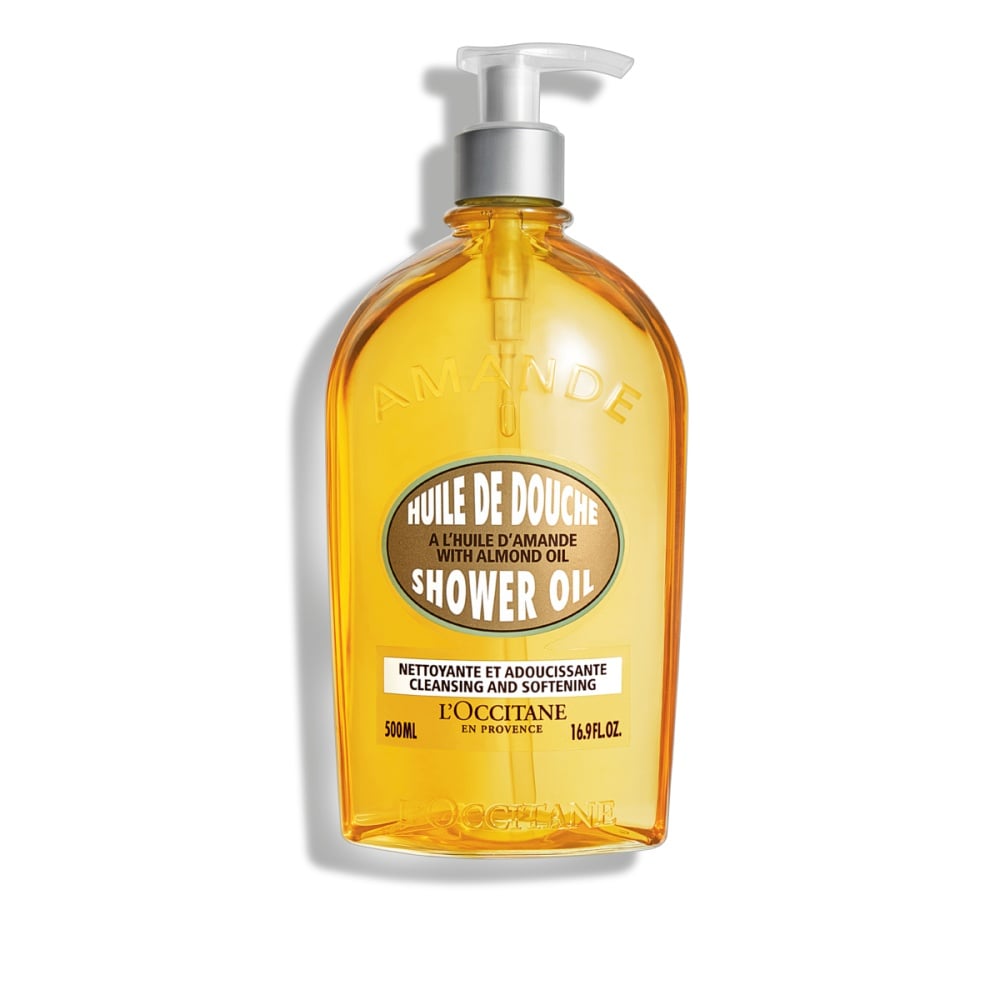 L'Occitane Almond Shower Oil bottle in gold and amber packaging