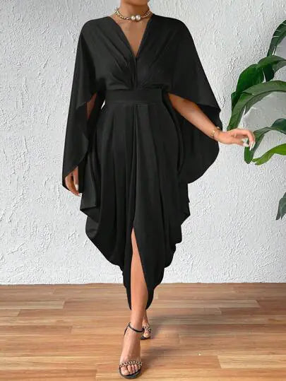 Women's Pleated Wave Dress with Cape Sleeves and High Slit - Image 8