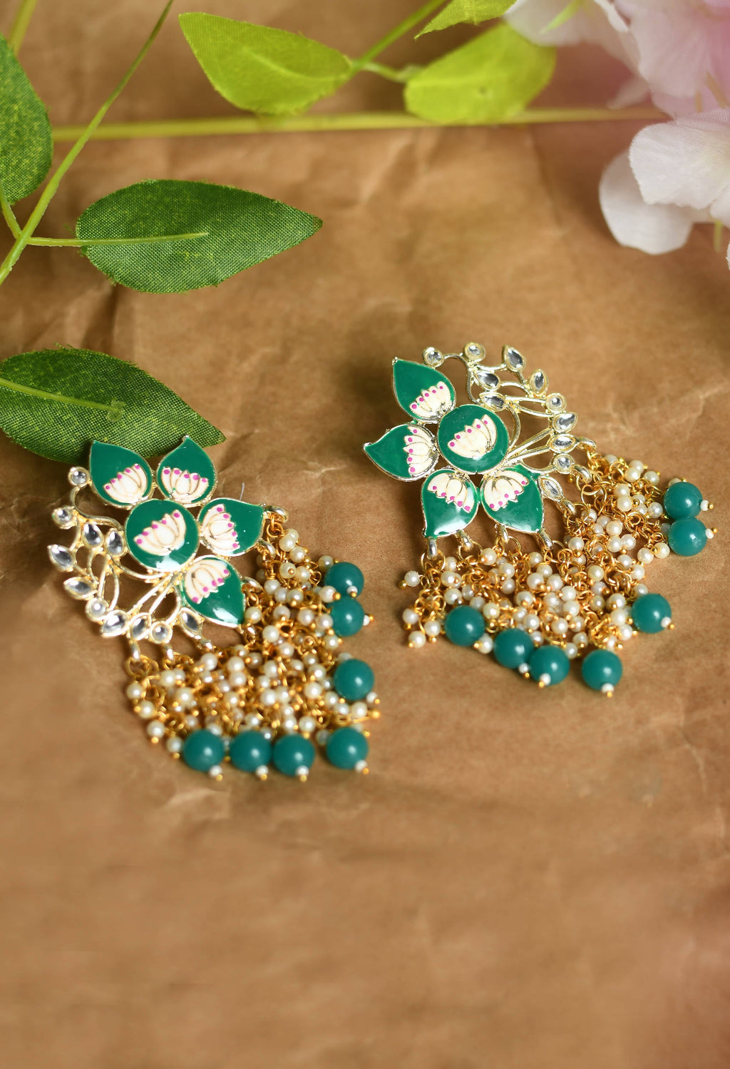 Gold-Polished Kundan Green Meenakari Earrings for Parties