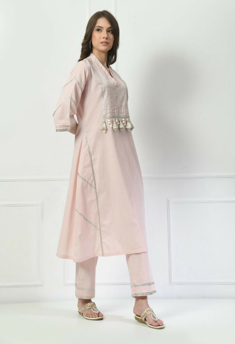 Cream Cotton Kurta Set with Organza Dupatta - 3 Piece Suit