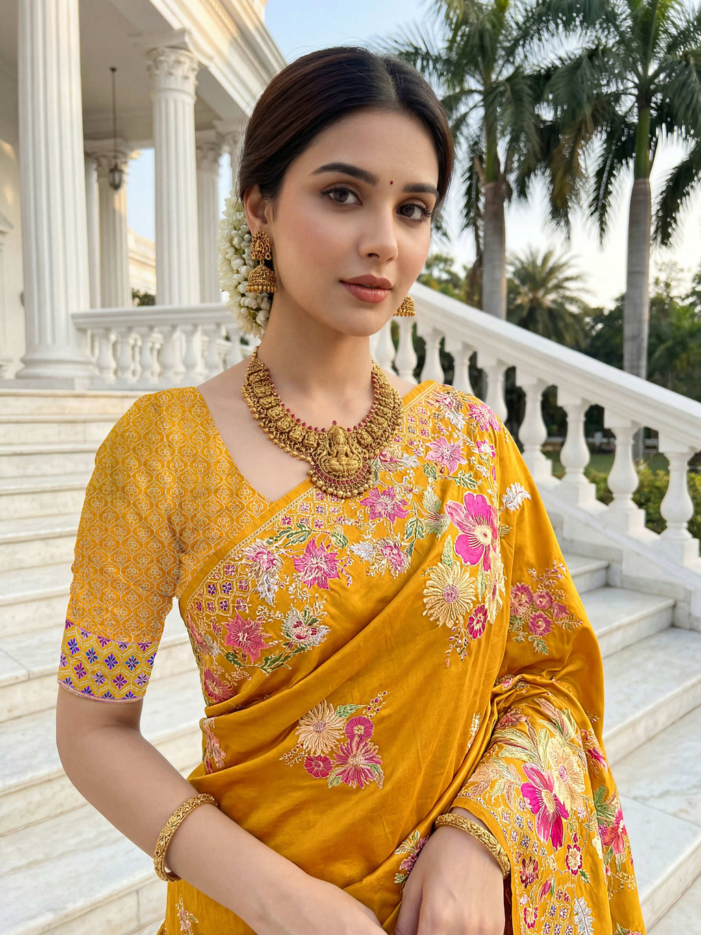 Mustard Russian Silk Designer Saree with Floral Position Print