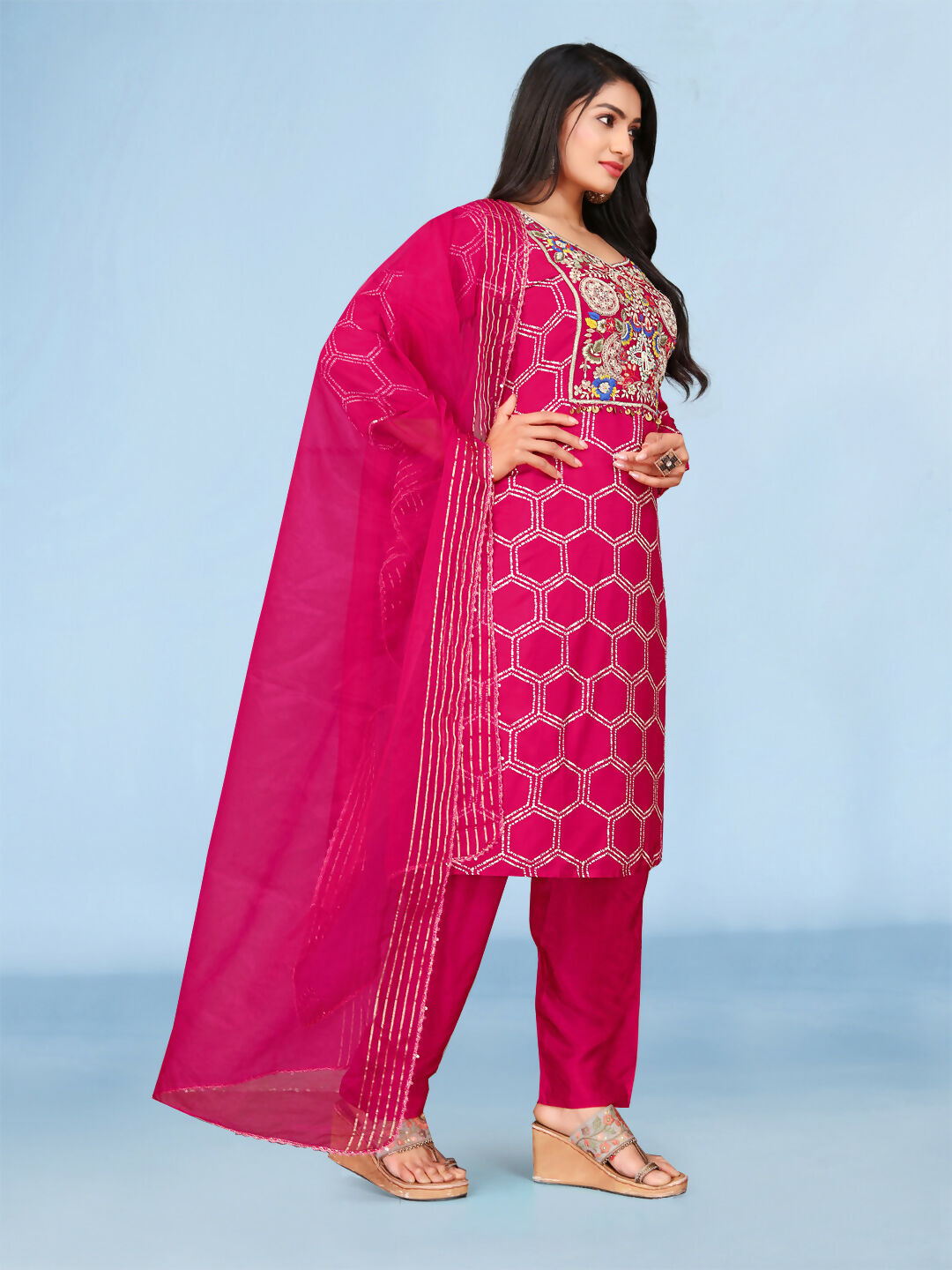 Rani Premium Pure Viscose Dola Silk Handwork Kurta Set with Dupatta