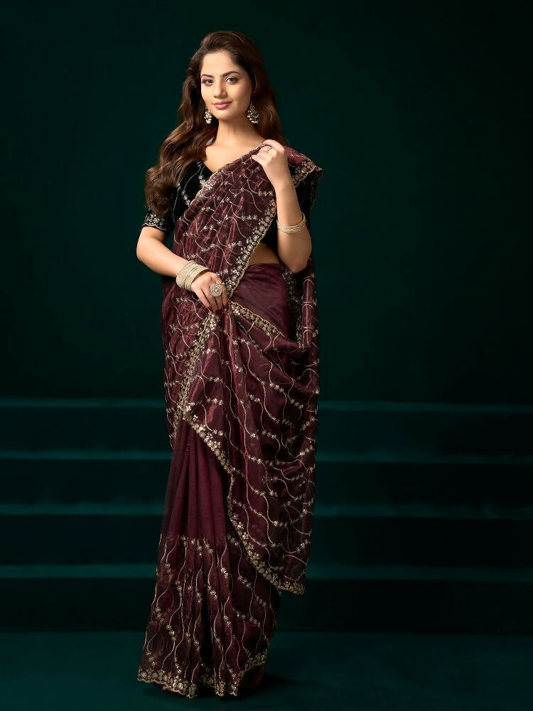 Maroon Net Party Wear Saree with Black Velvet Blouse