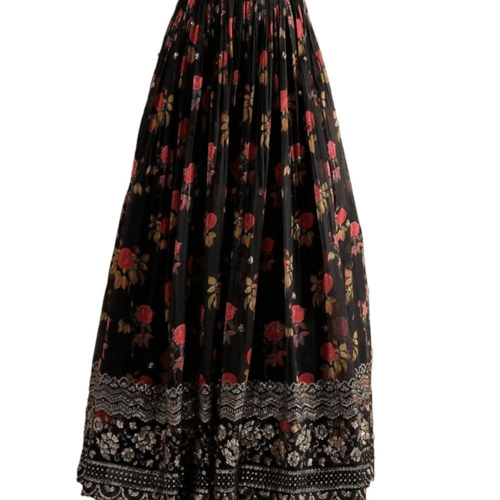 Black Georgette Designer Gown with Floral Print and Sequence Work