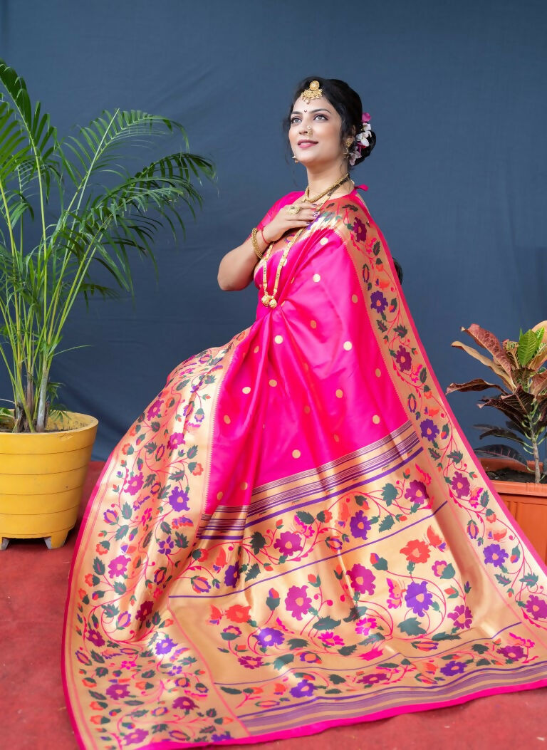 Women's Pink Paithani Silk Saree with Zari Woven Border & Blouse