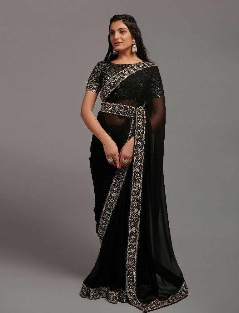Black Zometo Embroidered Lace Saree with Matching Blouse