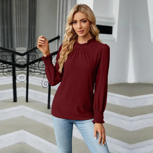 Women's Long Sleeve Blouse with Ruffled Neck and Smocked Cuffs