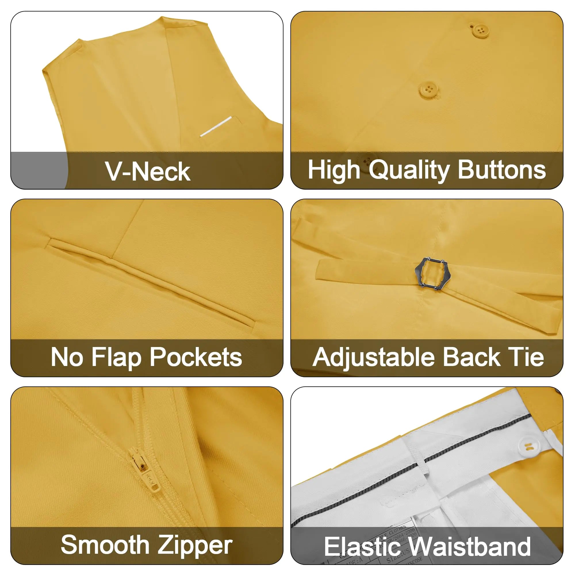 MAGE MALE Men's 3 Pieces Suit Elegant Solid One Button Slim Fit Single Breasted Party Blazer Vest Pants Set Medium Yellow