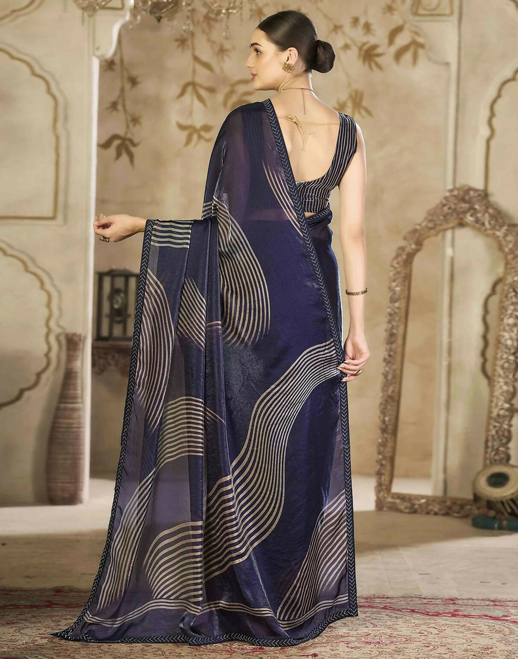Navy Blue Satin Organza Saree with Swarovski Stone Work