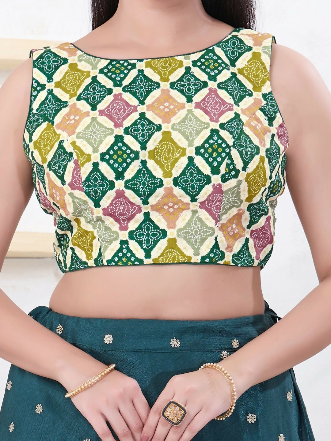Green Bandhani Sleeveless Boat Neck Back Open Blouse