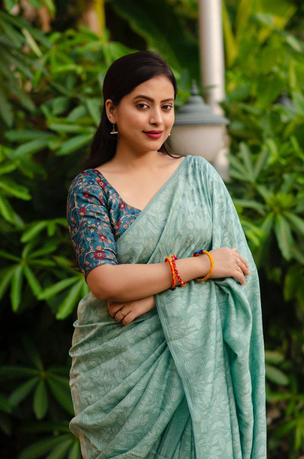 Mint Green Jute Silk Woven Jacquard Saree with Printed Blouse